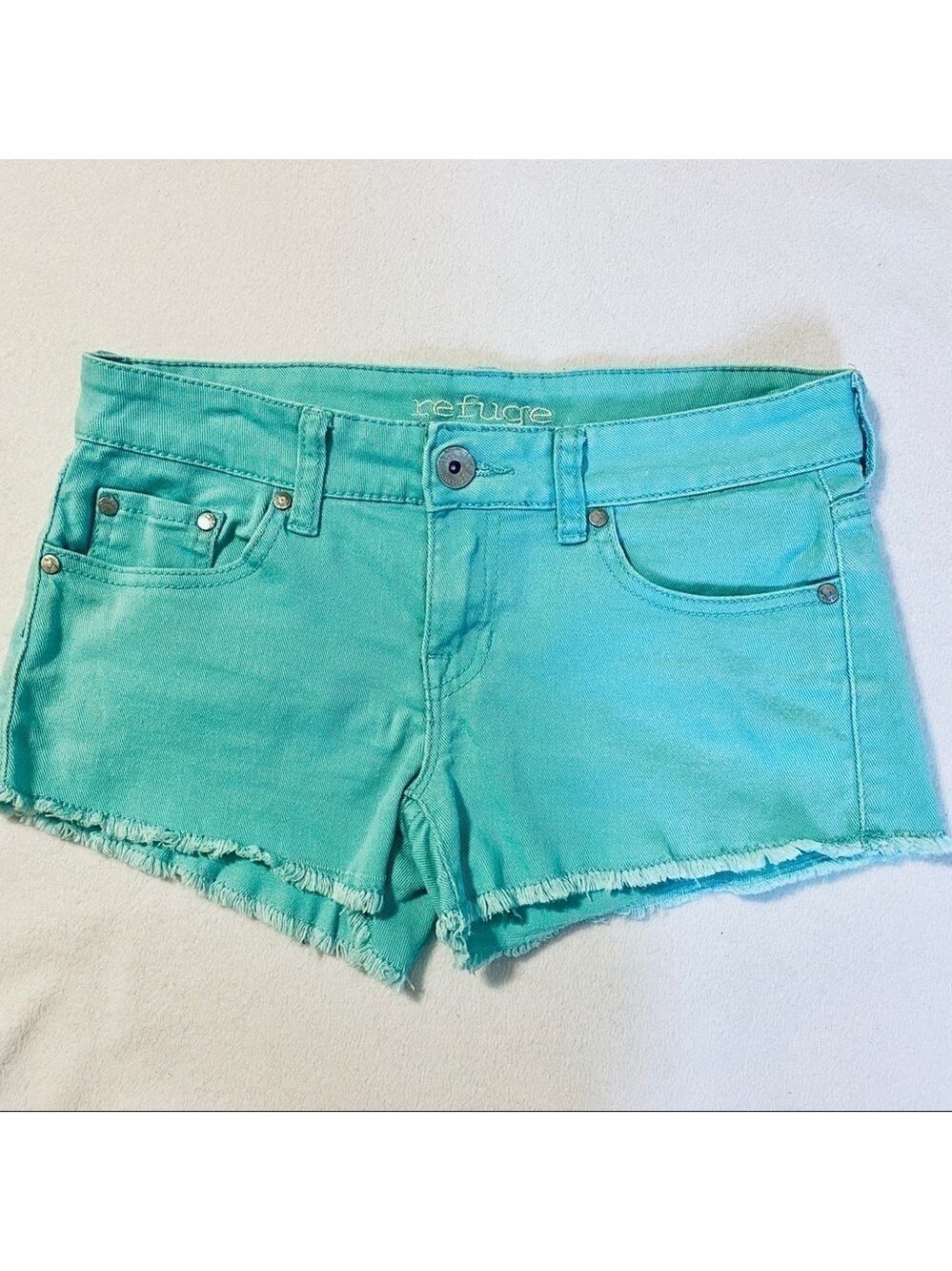 Teal Low Rise Cut Off Denim Shorts Size 2 - Picture 3 of 13
